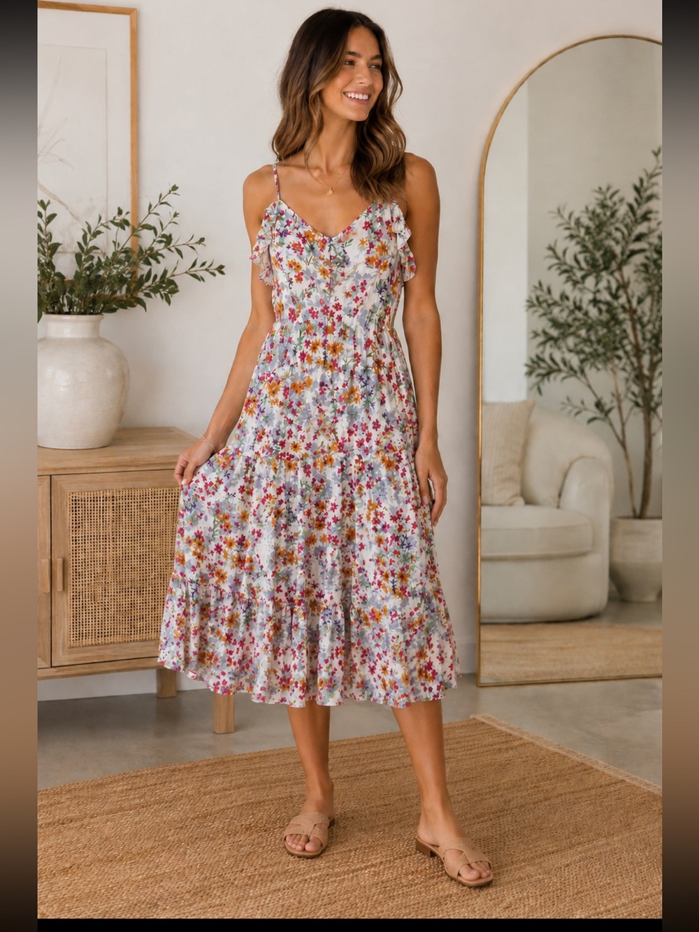 LIKE NEW J. Jill Floral Ruffle Strap Midi Dress